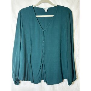 Cest 1946 Women's Deep V Neck Front Button Turquoise Blouse Size L
